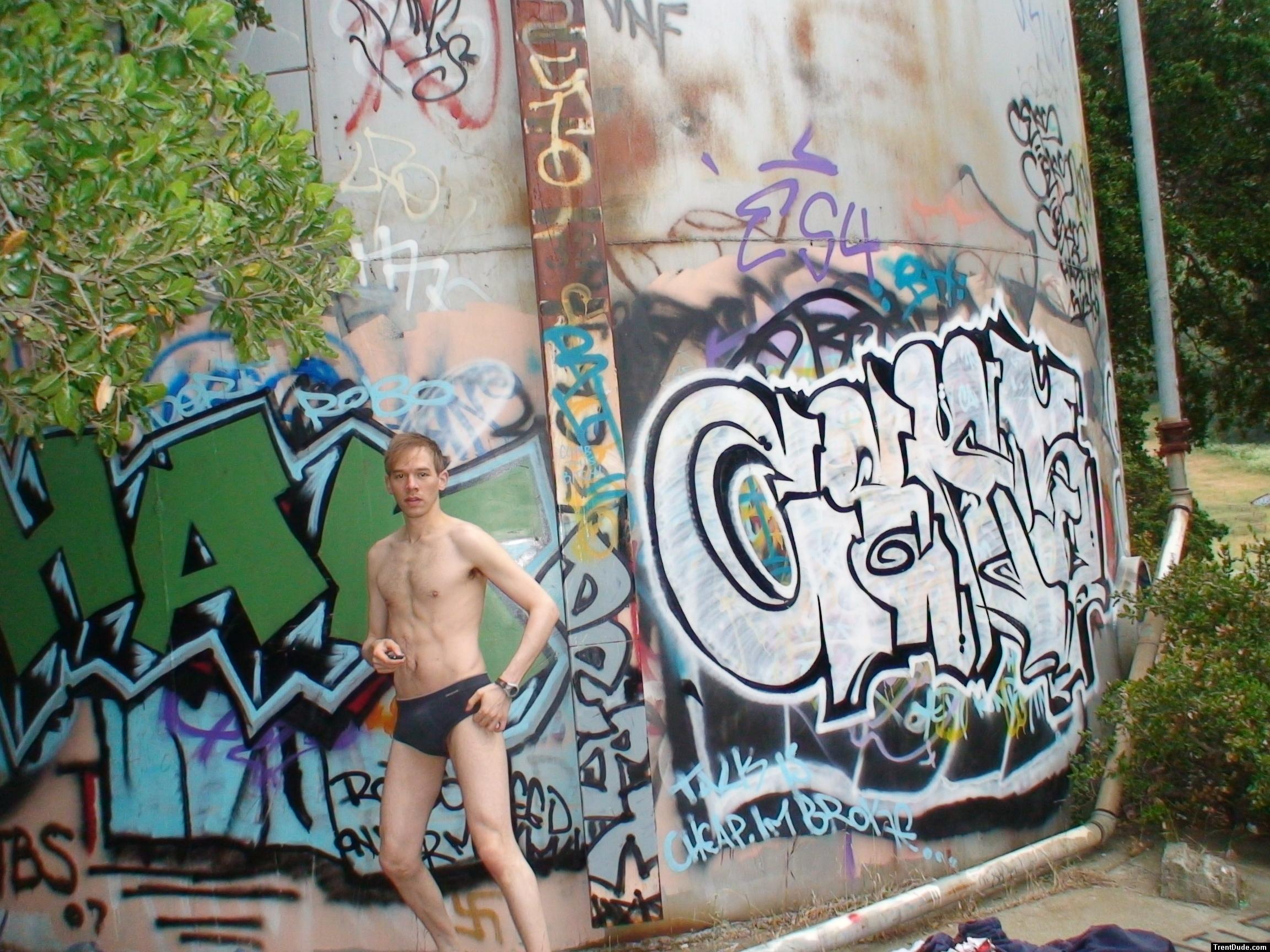 Grey Patagonia briefs at the graffiti tank