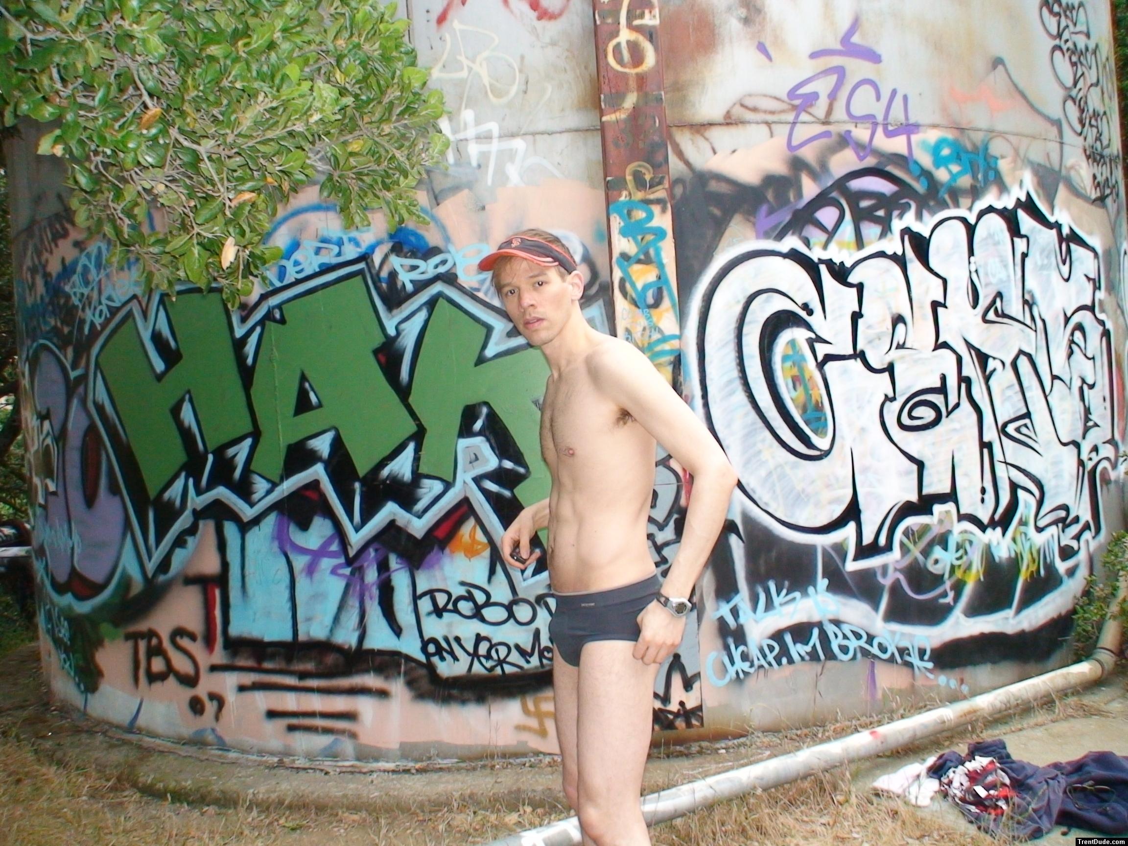 Grey Patagonia briefs at the graffiti tank