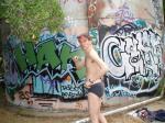 Grey Patagonia briefs at the graffiti tank