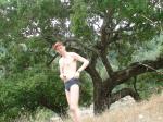 Hiker in grey Patagonia camping briefs