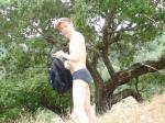 Backpacker in grey patagonia camping briefs
