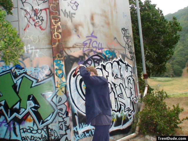 Getting dressed for the hike back from the graffiti tower