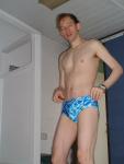 Wearing a new  Speedo for the first time with blue splash pattern.