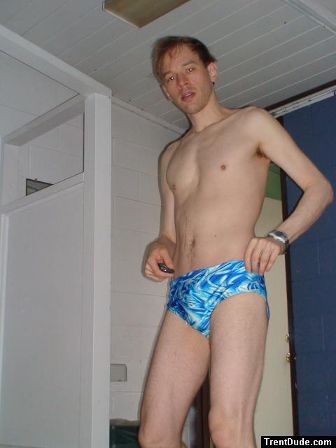 Wearing a new  Speedo for the first time with blue splash pattern.