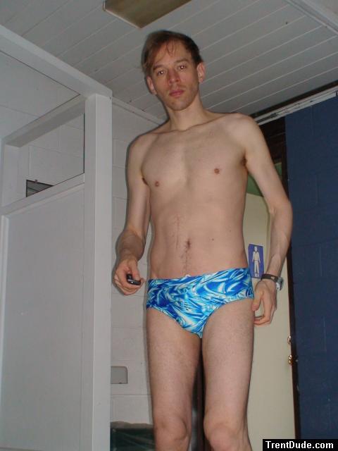 Wearing a new  Speedo for the first time with blue splash pattern.
