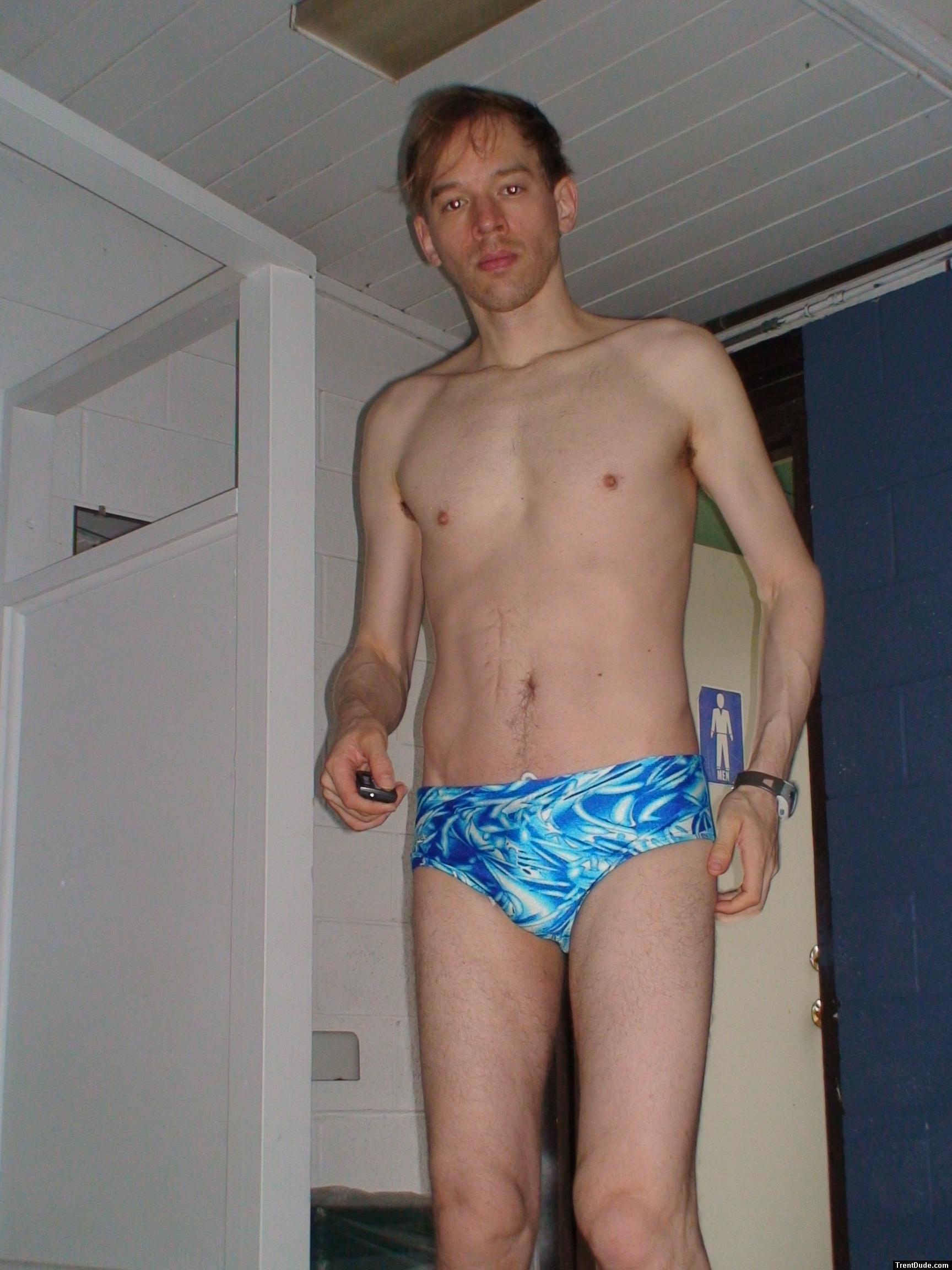 Wearing a new  Speedo for the first time with blue splash pattern.