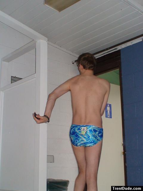 Dancing with joy in a new Speedo with tags still on.