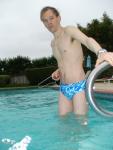 blue Speedo with splash pattern.