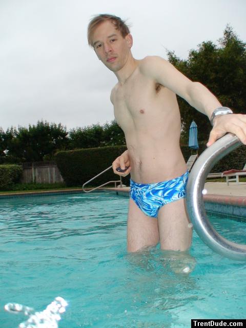 blue Speedo with splash pattern.