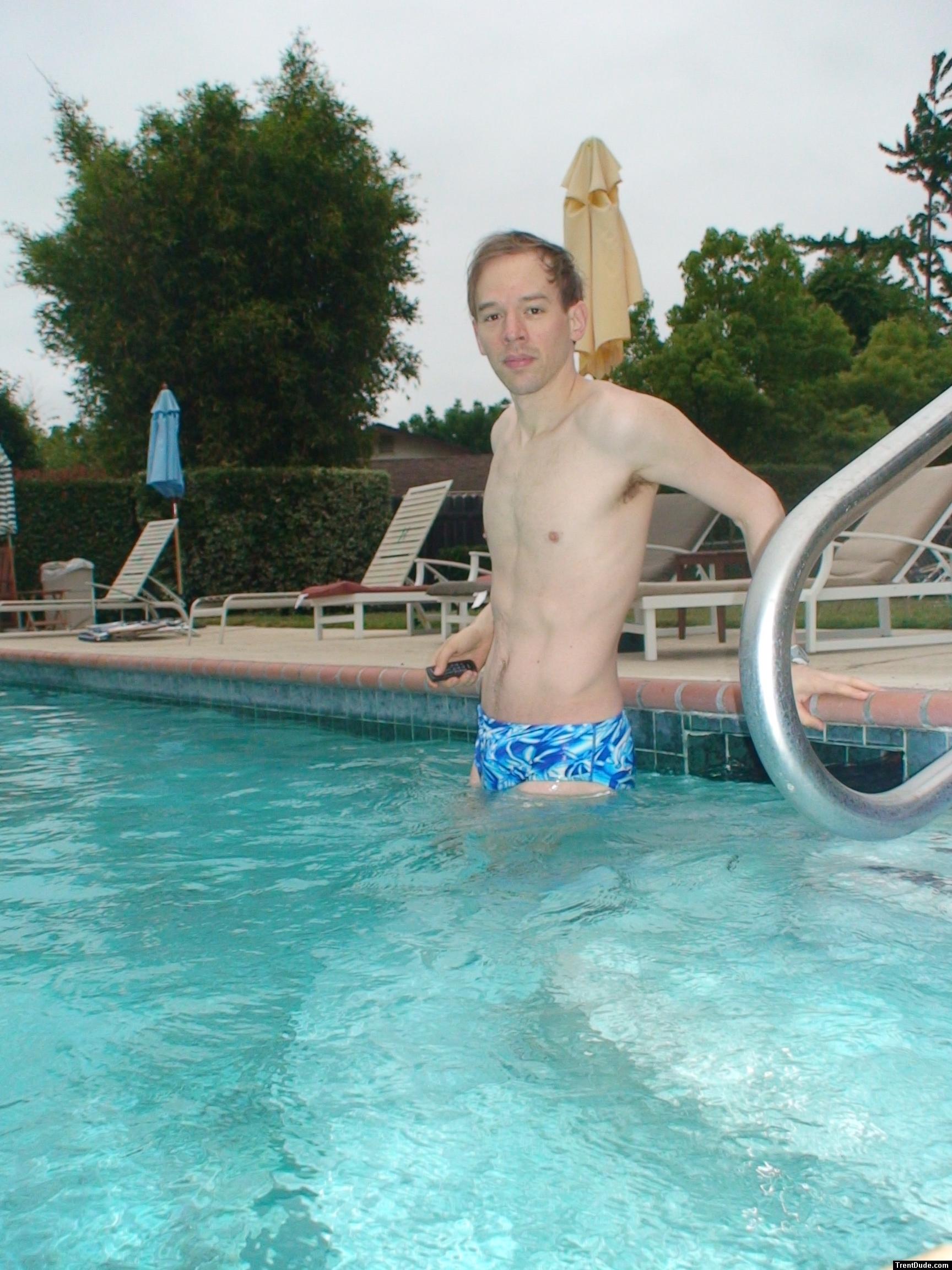 blue Speedo with splash pattern.
