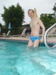 blue Speedo with splash pattern (wet legs)