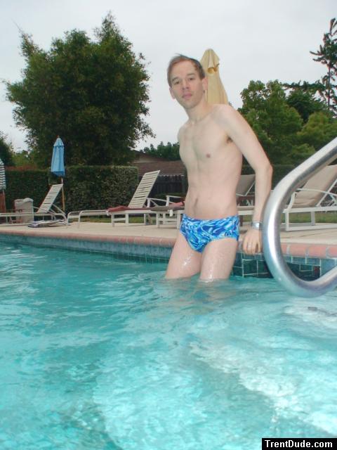 blue Speedo with splash pattern (wet legs)