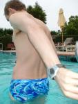 blue Speedo with splash pattern (rear)