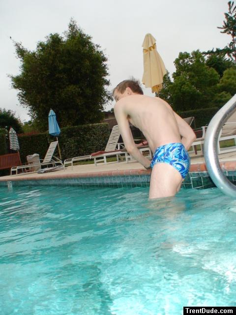 blue Speedo with fashion splash pattern (stretching)