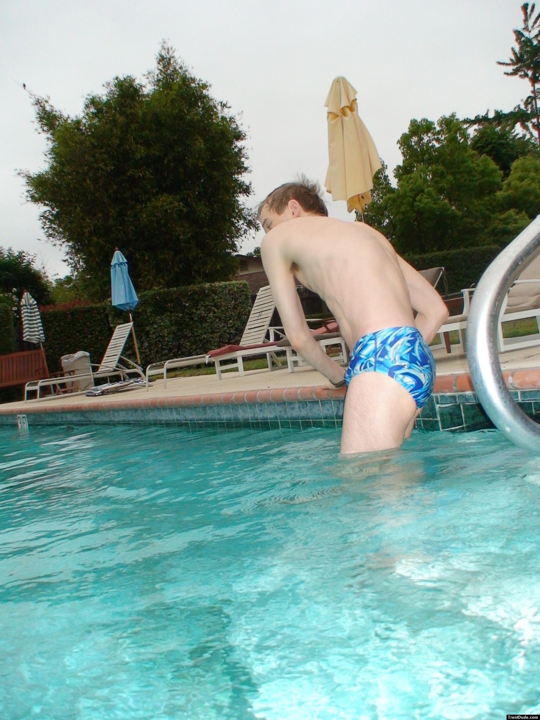 blue Speedo with fashion splash pattern (stretching)