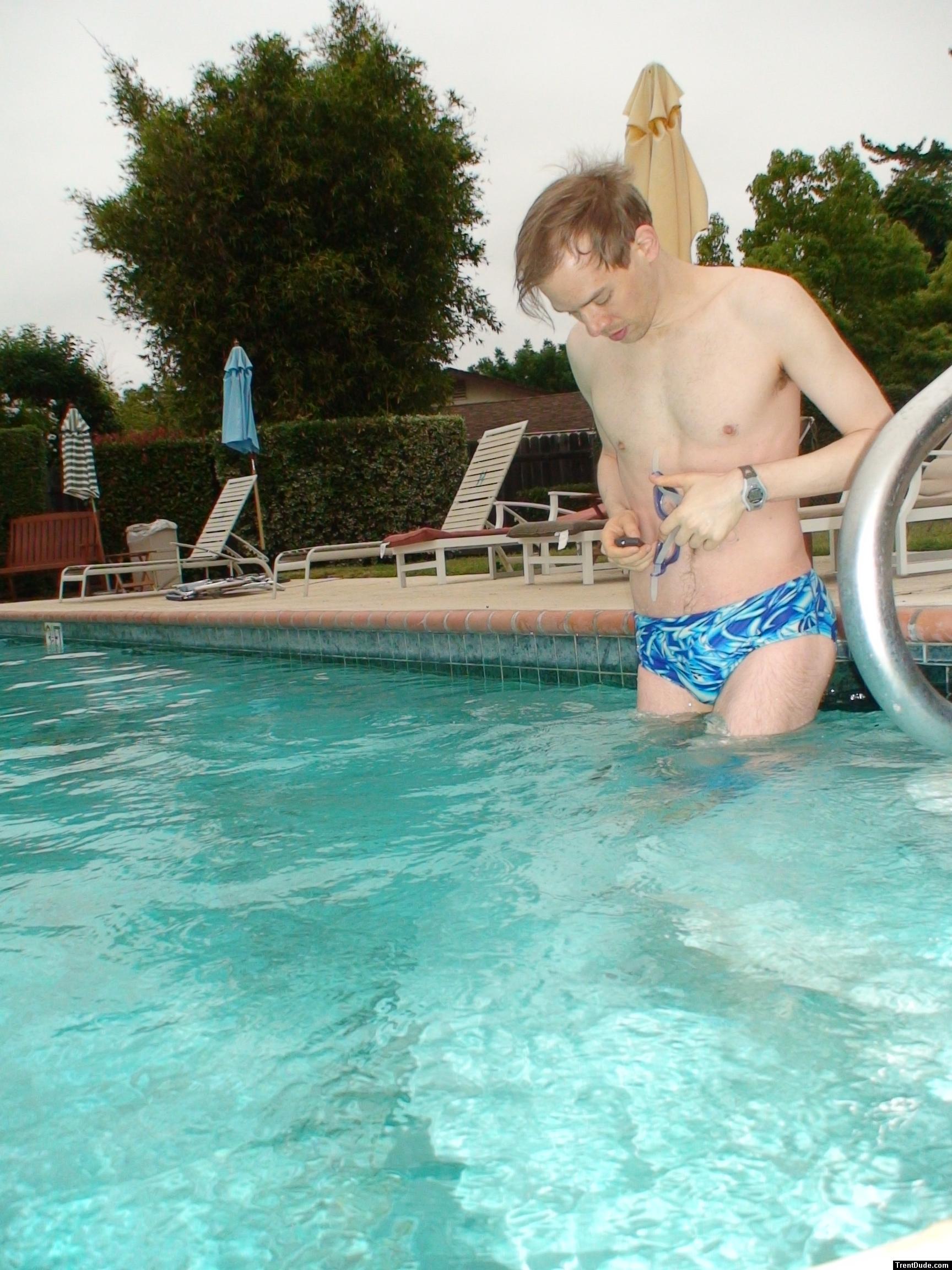 getting goggles ready - blue Speedo with fashion splash pattern
