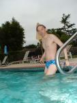 Wet hair, blue splash speedo