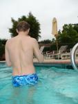 Wet hair, blue splash speedo