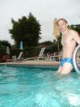 Wet hair, blue splash speedo