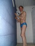 Swim dude about to shower in a blue Speedo  (best)
