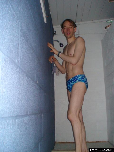 Swim dude about to shower in a blue Speedo  (best)