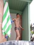 metrosexual unshaven dude, chest hair, wearing Ami Sanzuri swimwear (best)