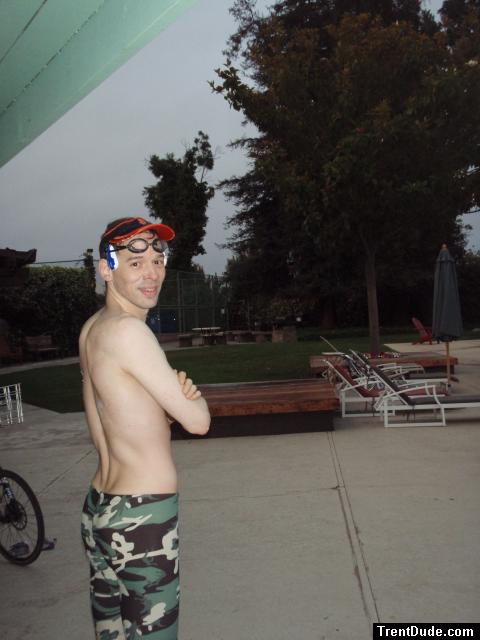 after  an intense swim wearing a camo swim jammer (smiling)