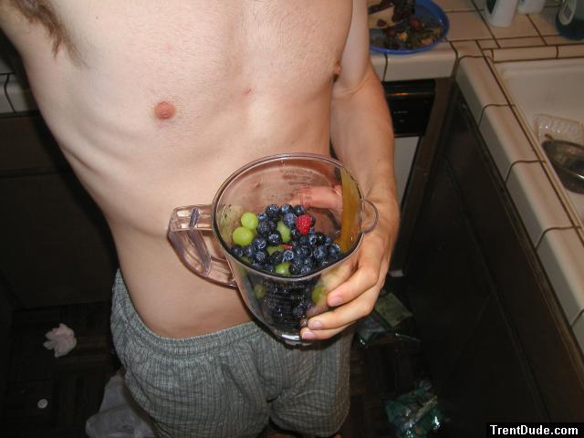 shirtless and A fruit smoothie