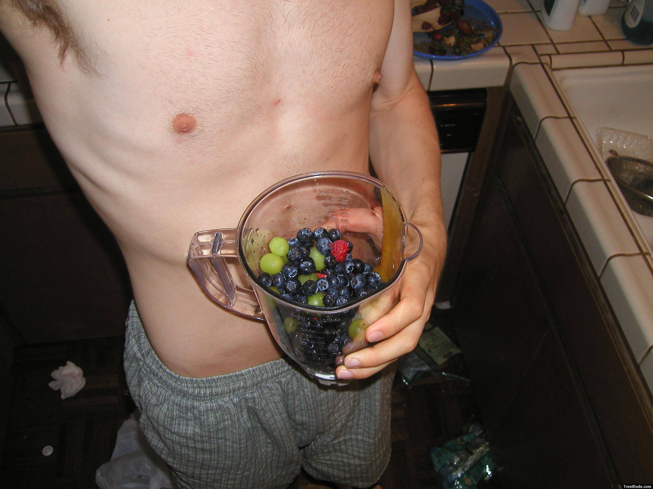 shirtless and A fruit smoothie