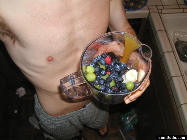 shirtless and A fruit smoothie