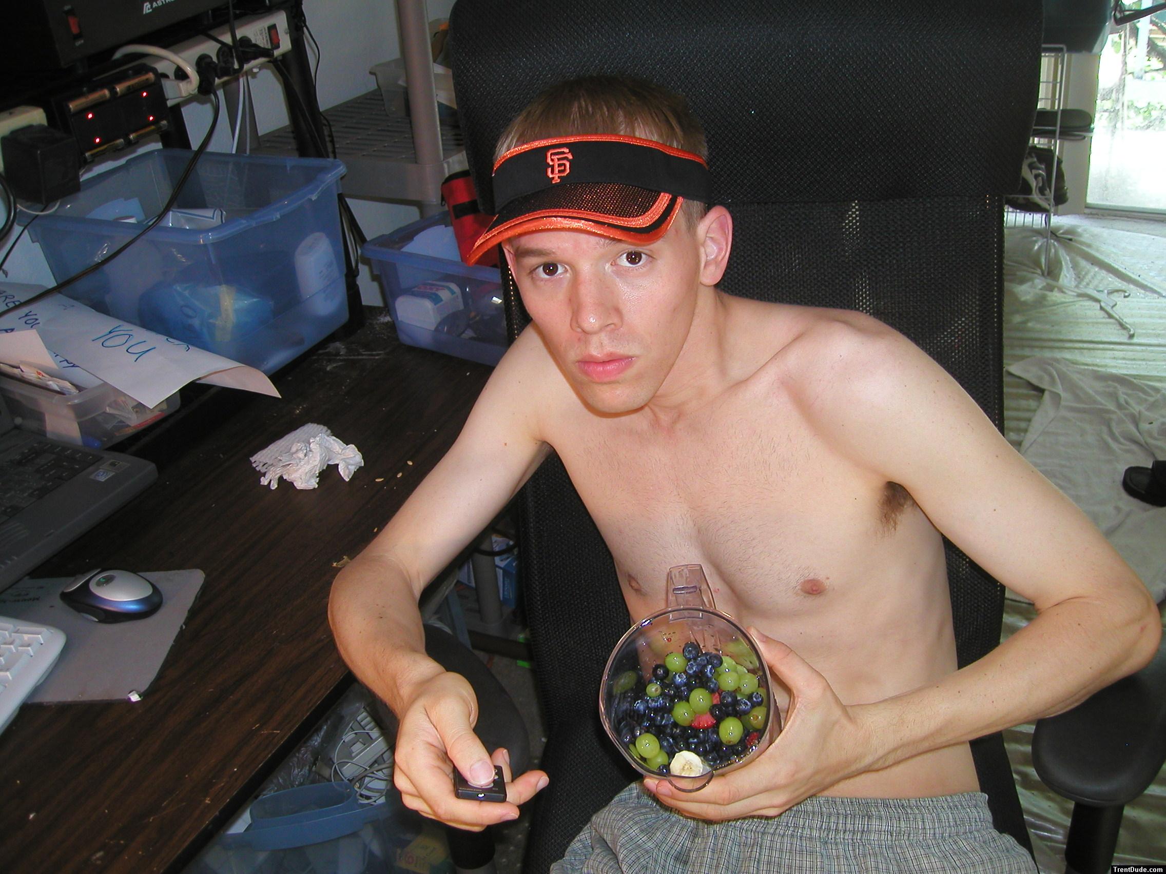 shirtless and A fruit smoothie