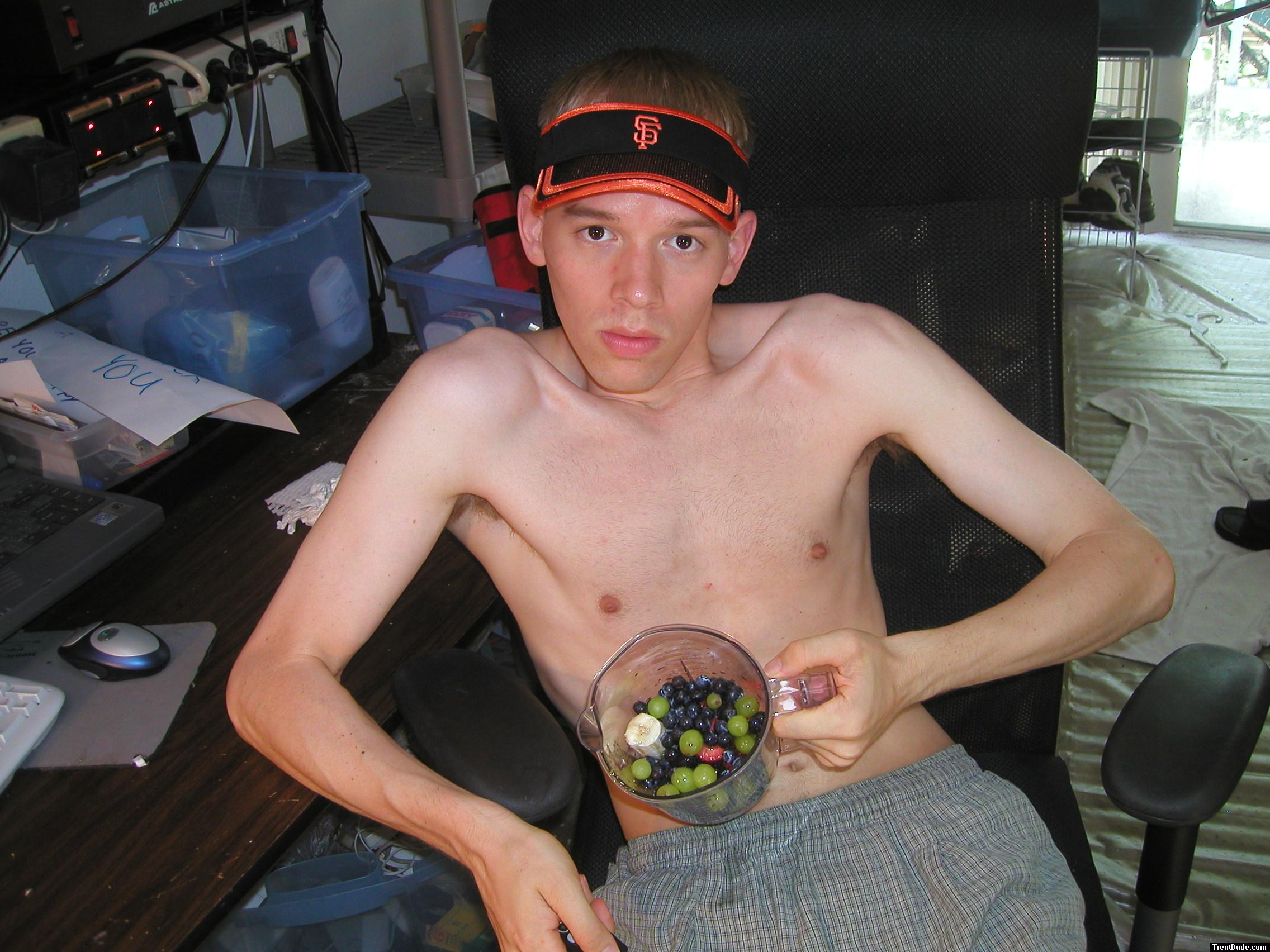 shirtless and A fruit smoothie