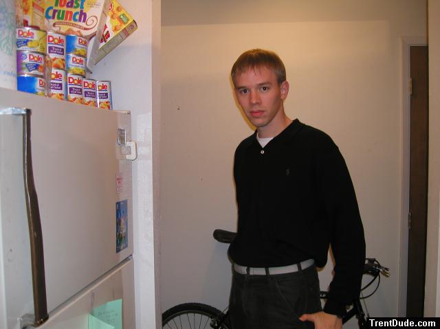Trent in a black shirt, and Cinamon Toast Crunch cereal