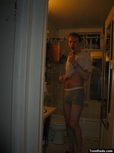 yawning in grey broxer briefs