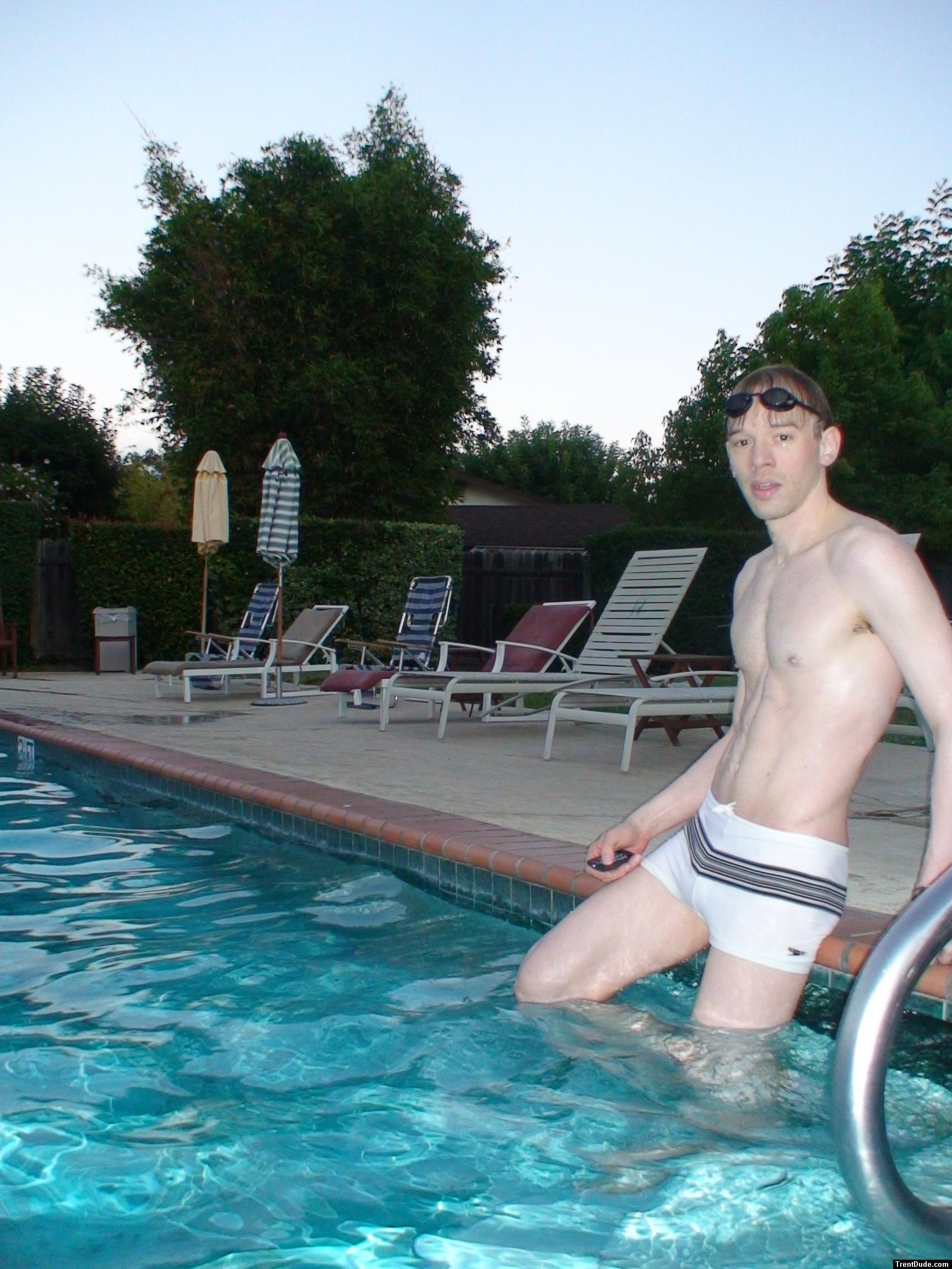resting after swimming 500 yards (white Speedo Engineered Stripe Square Cut suit)