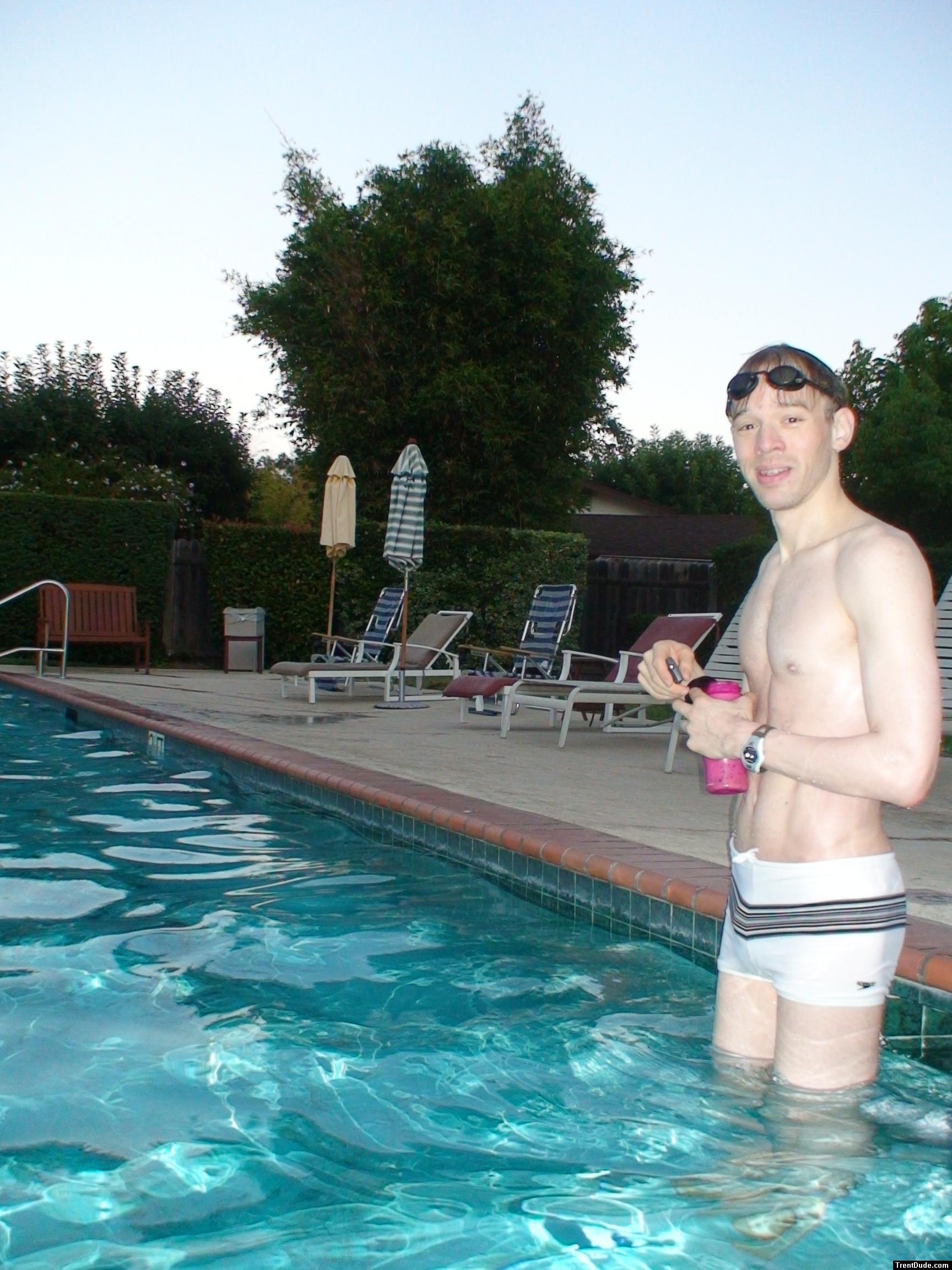 after swimming 500 yds (white Speedo Engineered Stripe Square Cut suit)