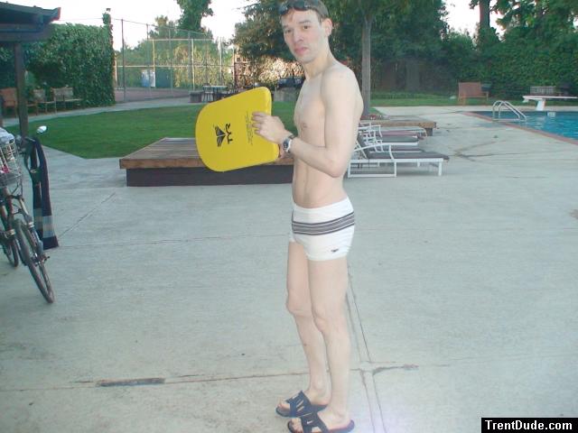 Swimmer with a white Speedo Engineered Stripe Square Cut suit, Tyr kick board (best)