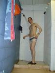 White square leg speedo in the shower