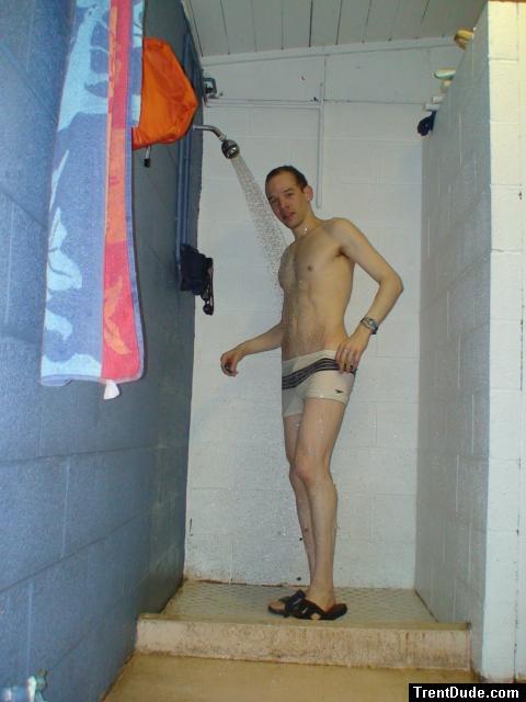 White square leg speedo in the shower