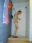 Careful to scrubb the chlorine smell off his swim in the white jammer