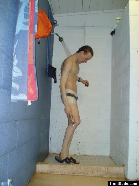 Careful to scrubb the chlorine smell off his swim in the white jammer