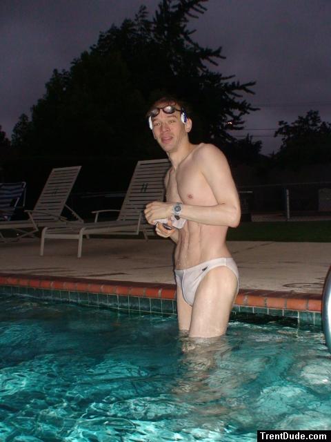 White Solar 1" speedo from Macy's.com (worn on a cloudy day when no one else was at the pool)
