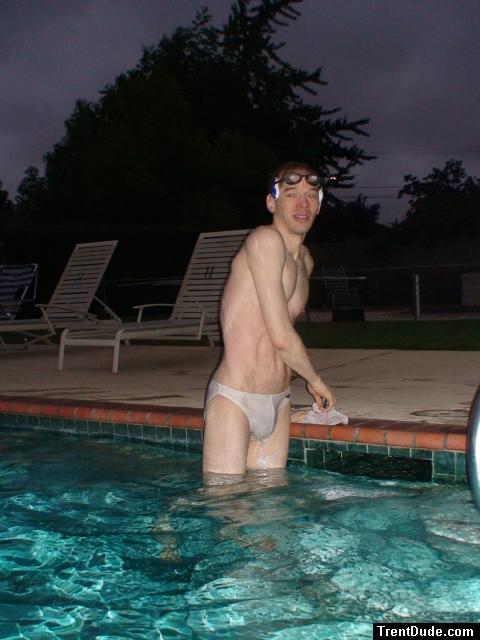 Luckily there was no one else in the pool to see the white Speedo (pouch)