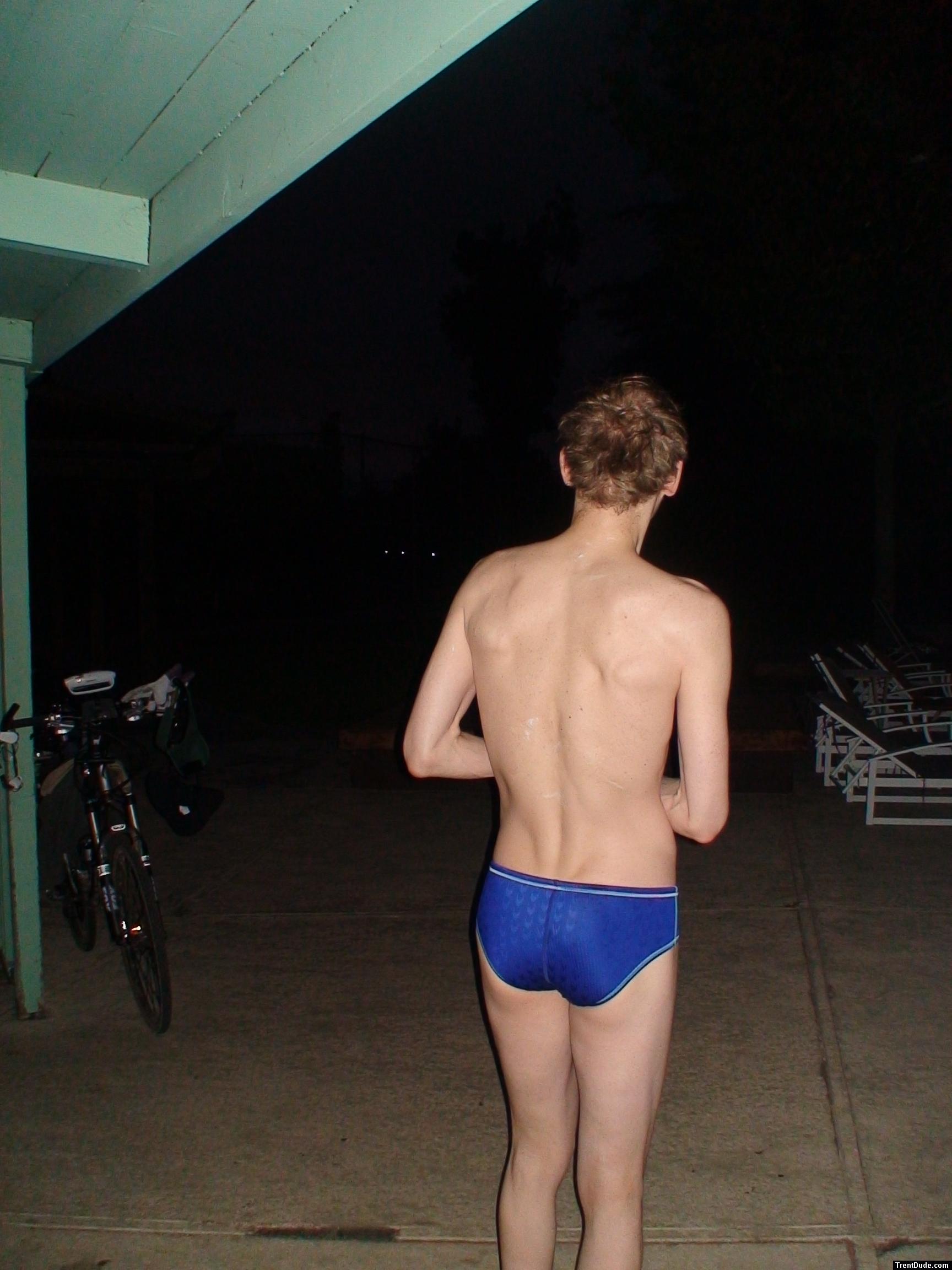 Before an early morning swim - Speedo Fastskin Royal Blue brief from speedousa.com (rear)