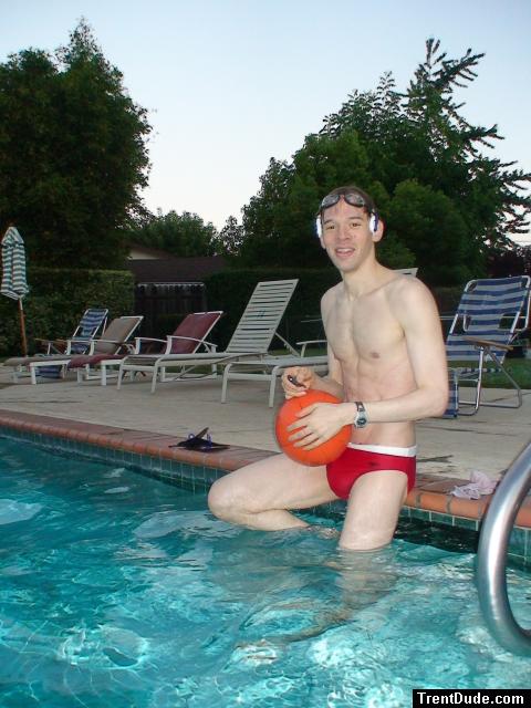 About to play water polo in a red speedo with a black Speedo underneath