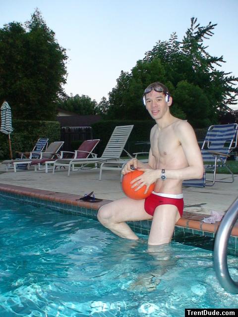 About to play water polo in a red speedo with a black Speedo underneath