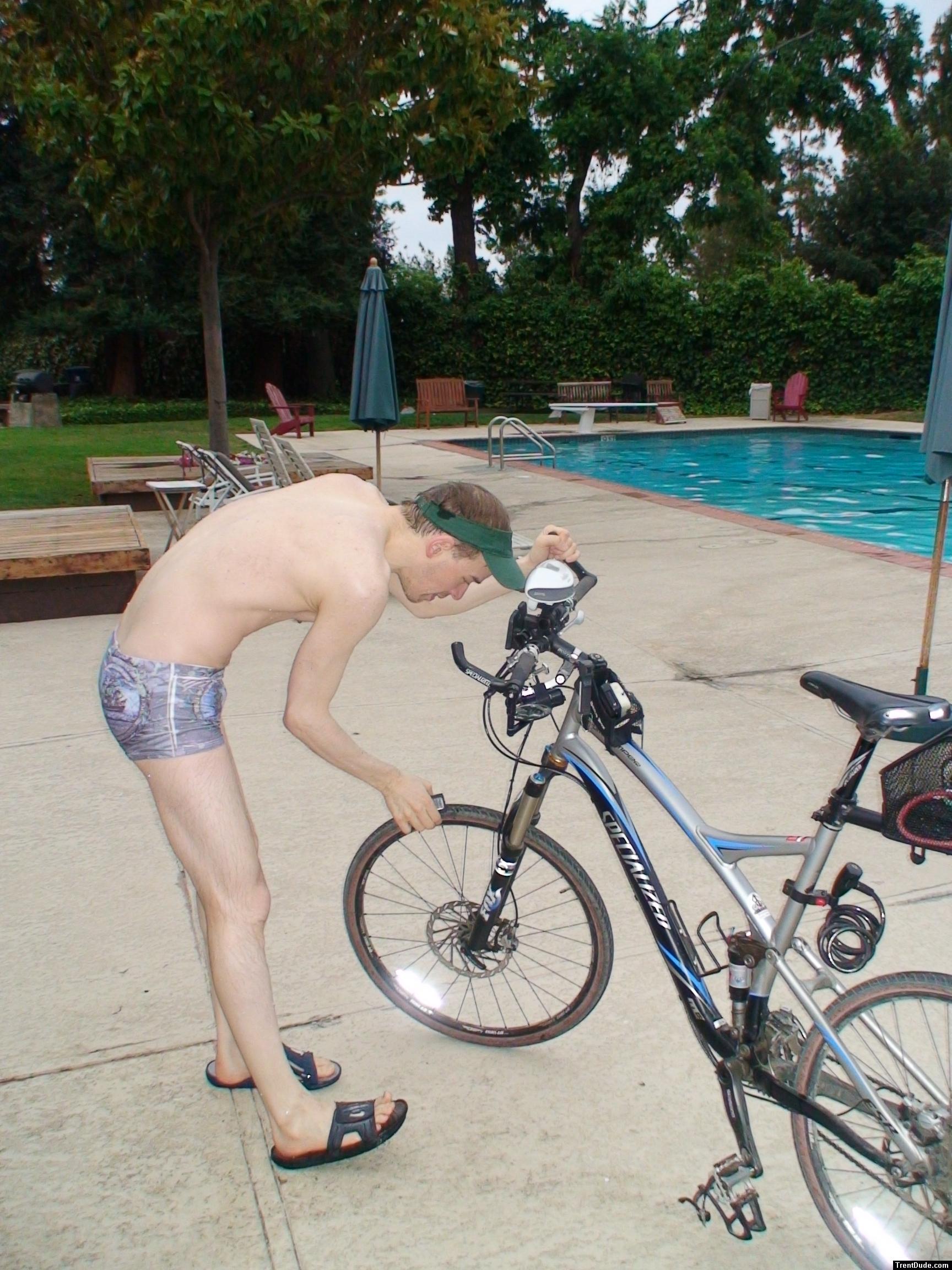 checking the bike in the Ami Sanzuri suit