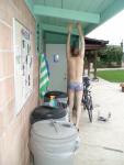 stretching in Pirates swimsuit by designer Ami Sanzuri