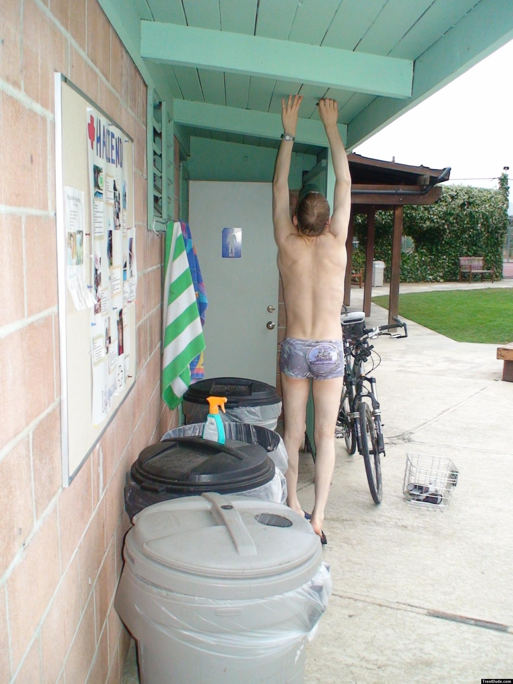 stretching in Pirates swimsuit by designer Ami Sanzuri