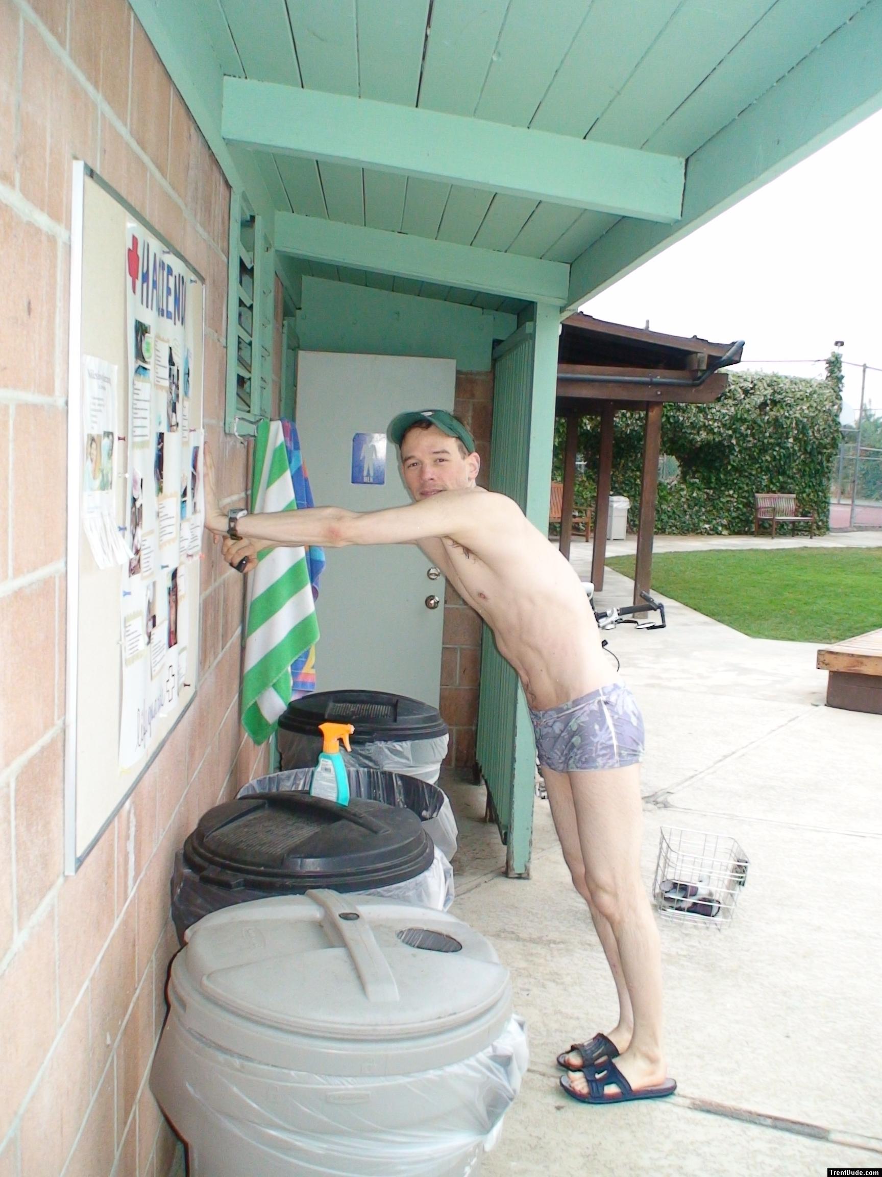 stretching in Pirates swimsuit by designer Ami Sanzuri